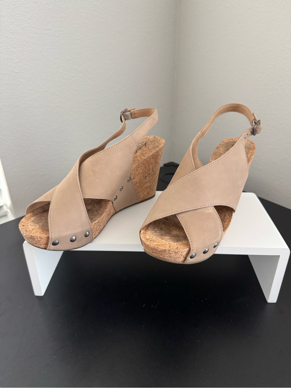 Lucky Brand Beige/Tan Cork Wedge Sandals with Cross Straps